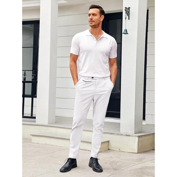 🆕 Men White Slim Fit Pants Flat Front Stretch Skinny Tapered Casual Trousers - Picture 4 of 5
